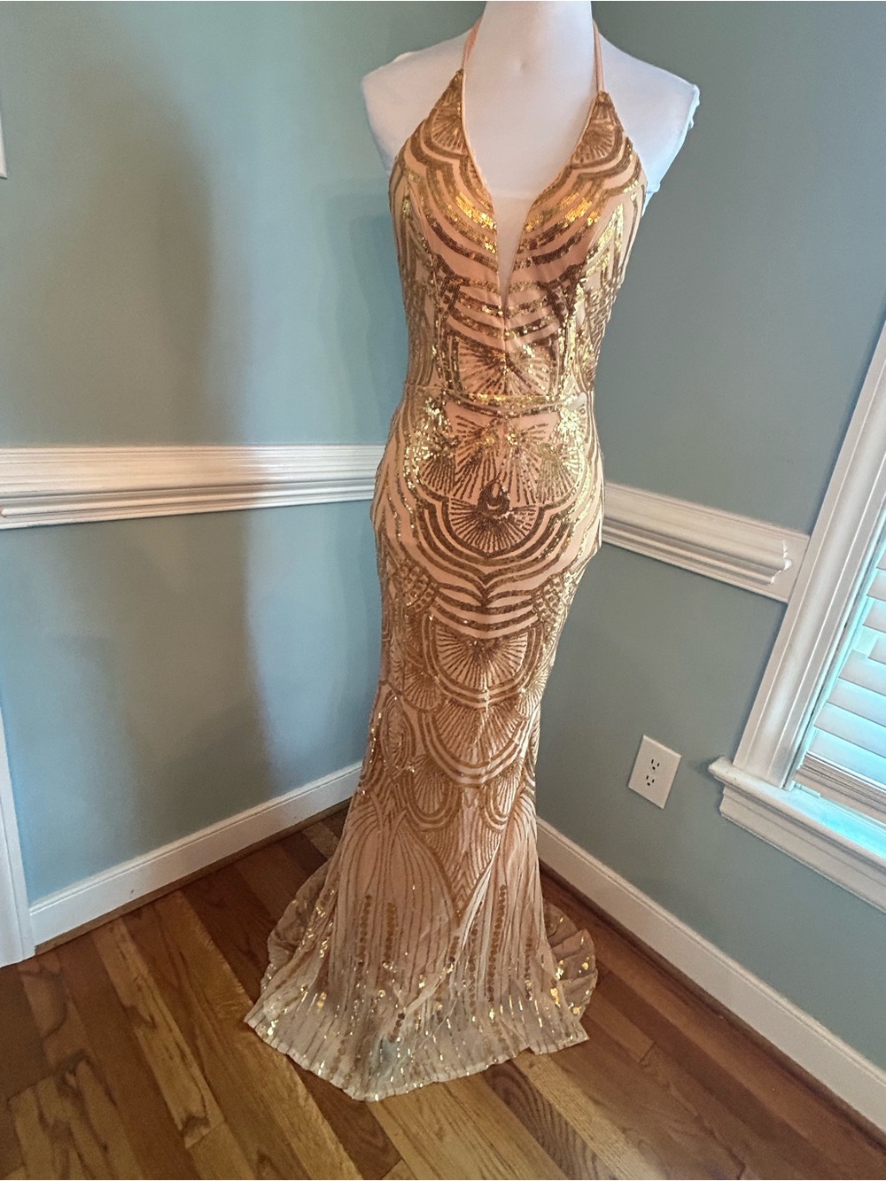 Gold Sequin Halter Evening Gown medium